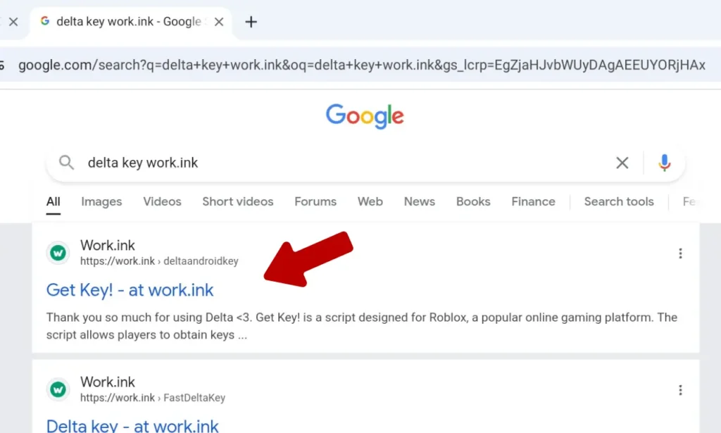 Search Delta Key Work.ink on Google